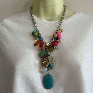Vibrant Chunky Multicolor Beaded Necklace on Silver Tone Chain